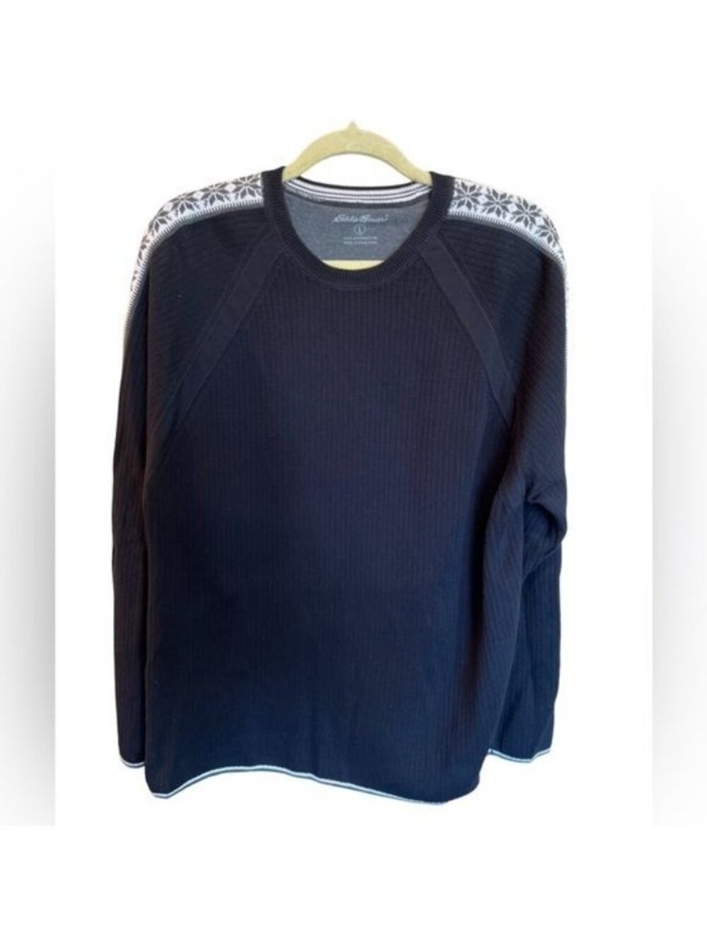 Eddie Bauer Men’s Sweater Size Large Cotton Alpine Design Along Sleeve Black